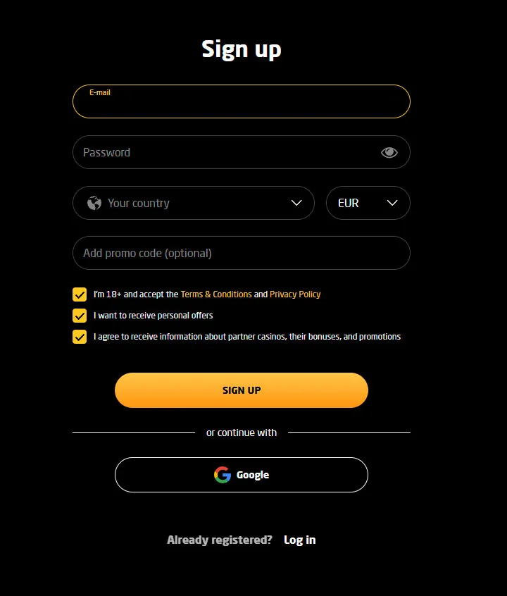 Formulaire d'inscription Stay Casino